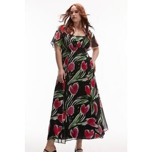NWT Topshop Curve ASOS Floral Midi Tea Dress Women's 14 Black Red Fairy Grunge